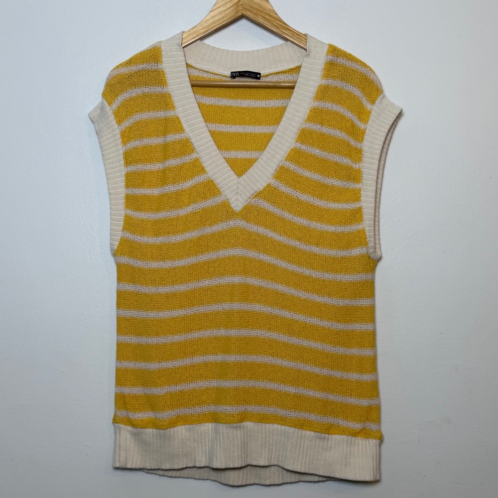 Zara Yellow White Striped Knit V-Neck Sweater Vest Sleeveless Top Medium